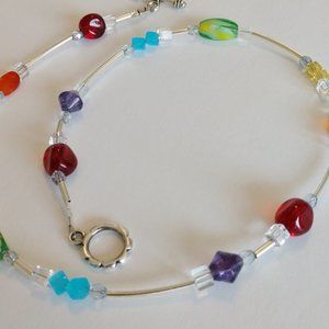 Handmade Rainbow Necklace With Colorful Beads and Silver Tone Brass Tubes  18IN